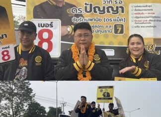 ปทุมธานี ดร.ปัญญา ผู้สมัคร สส.ปทุมธานี หมายเลข 8 พรรคเศรษฐกิจ ขึ้นรถแห่หาเสียงอ้อนขอโอกาสประชาชน
